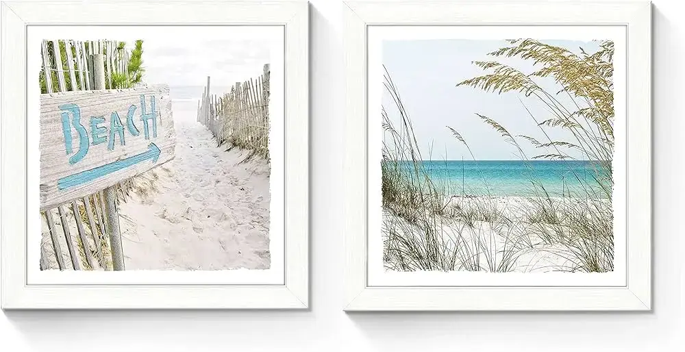 A collection of beach-themed prints arranged in a gallery wall