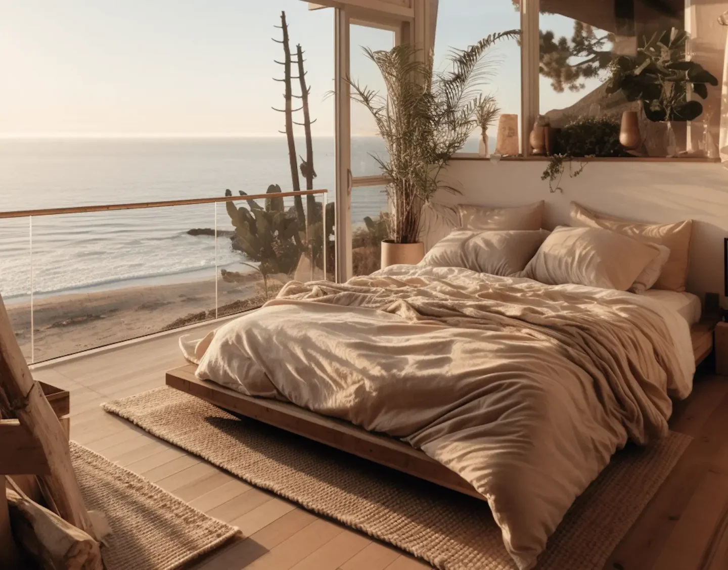 Coastal bedding featuring a serene palette of taupe, and beige 