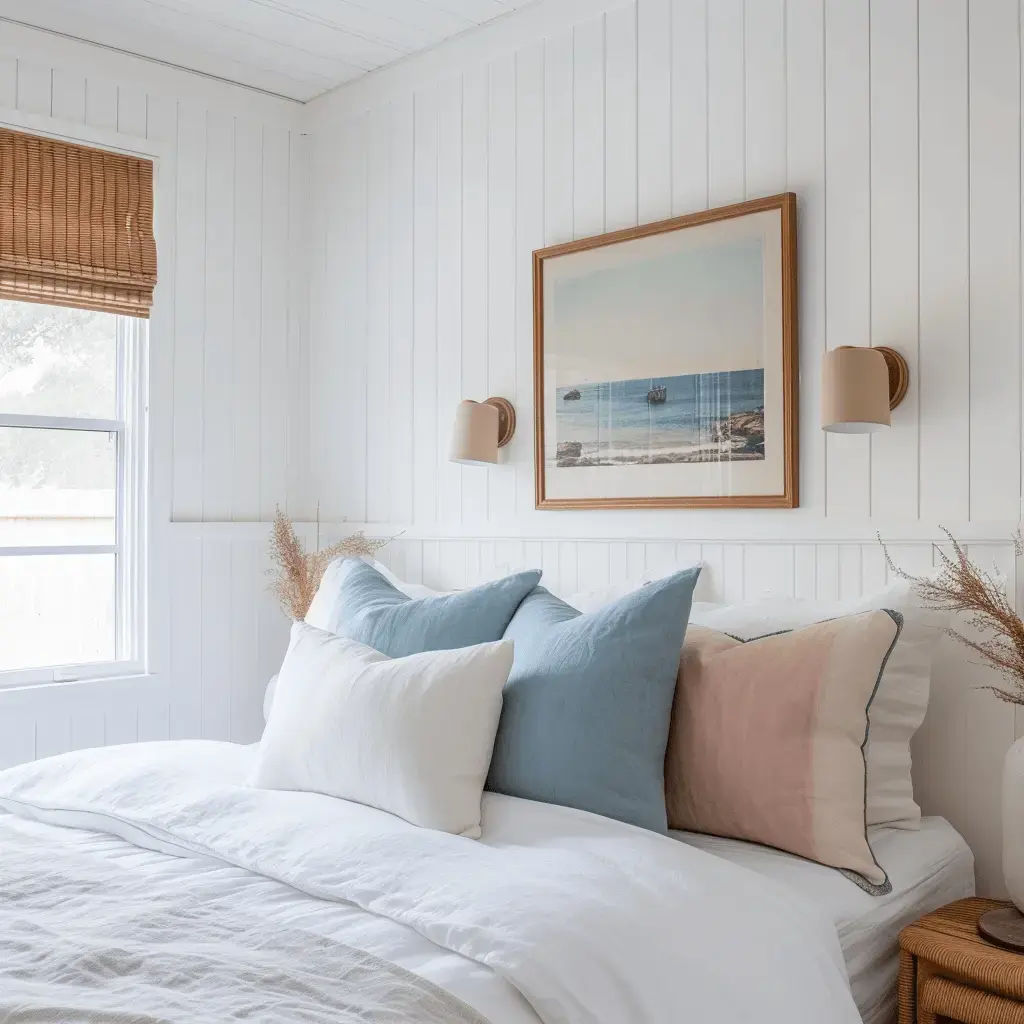 Modern coastal-themed bedroom featuring light layers, neutral bedding
