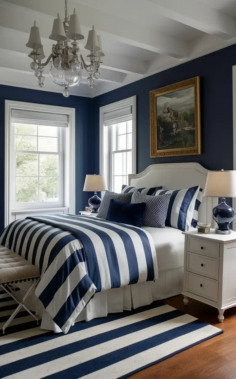 Blue and white striped fabric, a beach-themed bedroom.