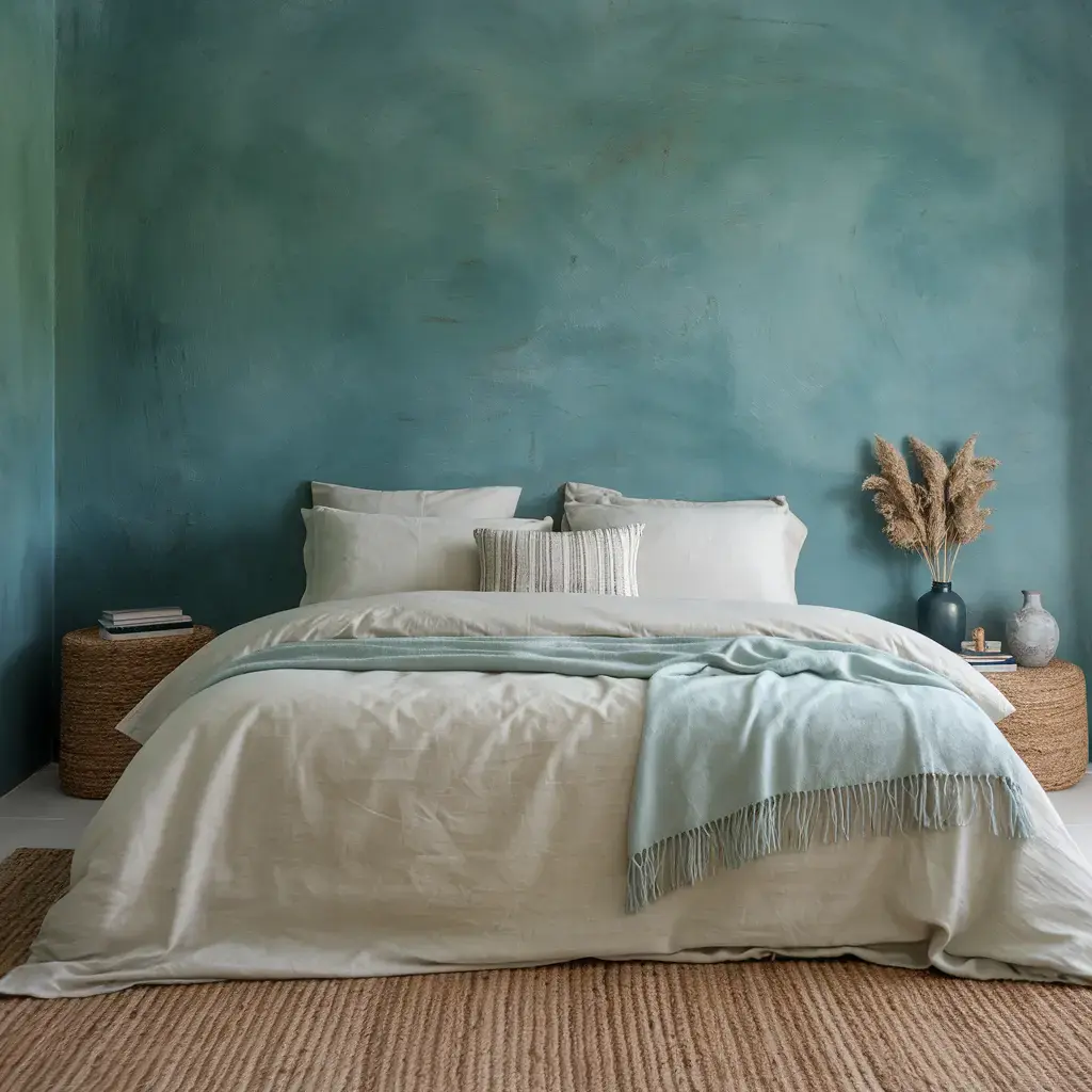 Coastal bedding in beige, ivory, and deep blue 
