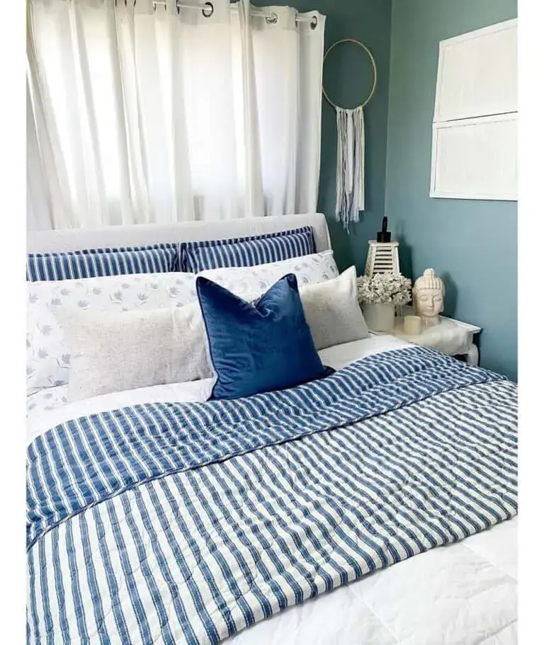 Bedding set showcasing waves, seashells, and tropical motifs, designed with cohesive patterns in a playful color palette
