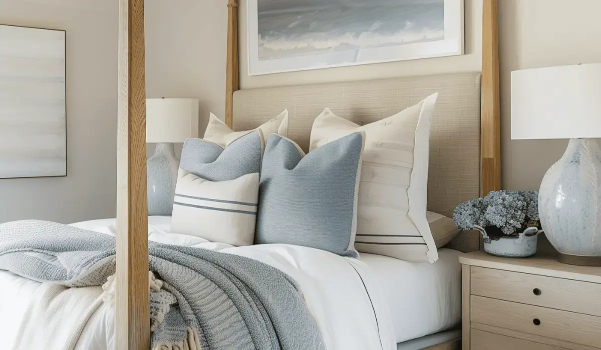 A coastal bedroom featuring soft throws and textured pillows