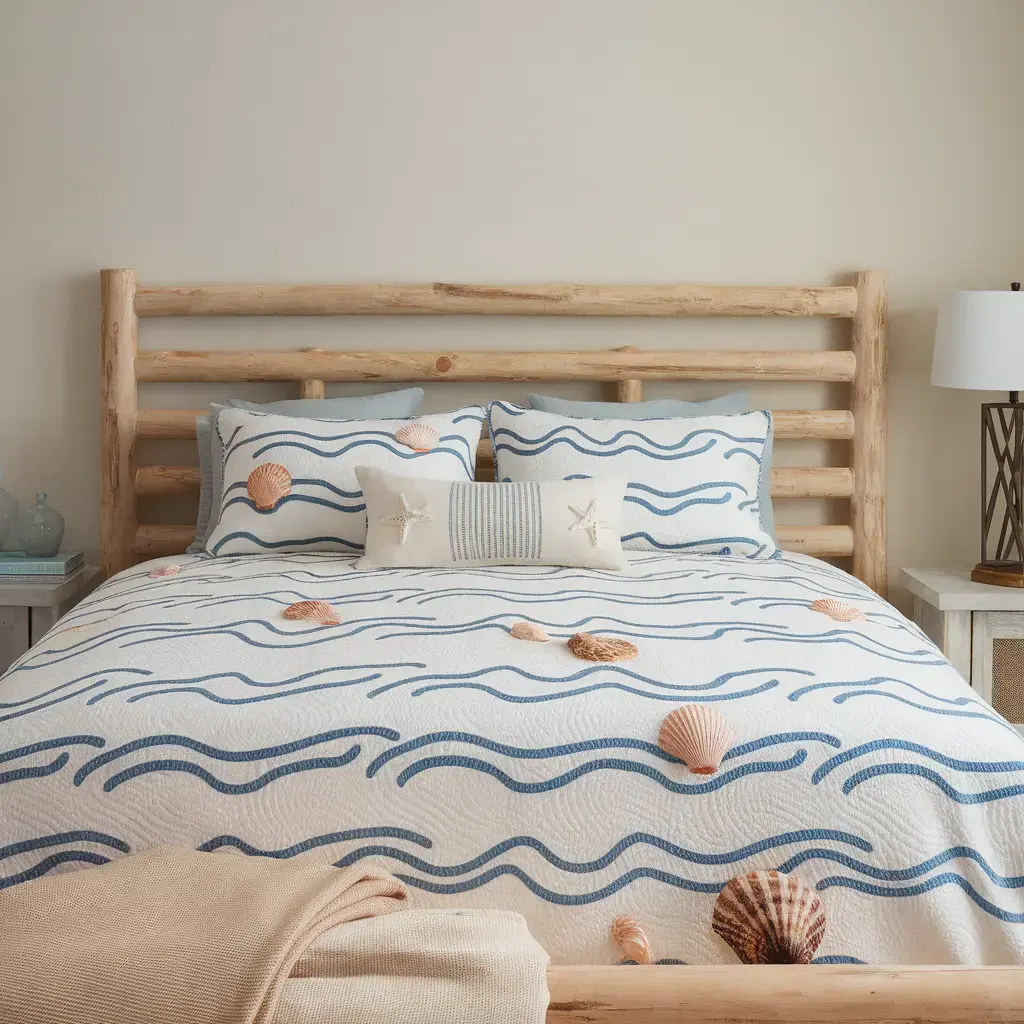Decorative seashells, driftwood-colored printed sheets bedding decor