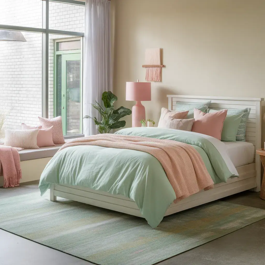 Soft coastal bedding in seafoam green, blush pink, and sandy beige