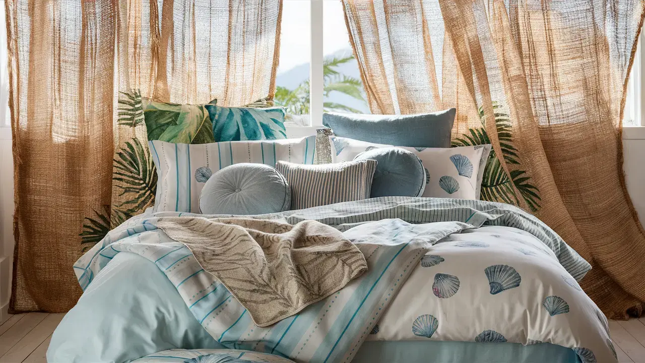 Bedding featuring seashell and coral patterns in soft blues, sandy beiges, and white