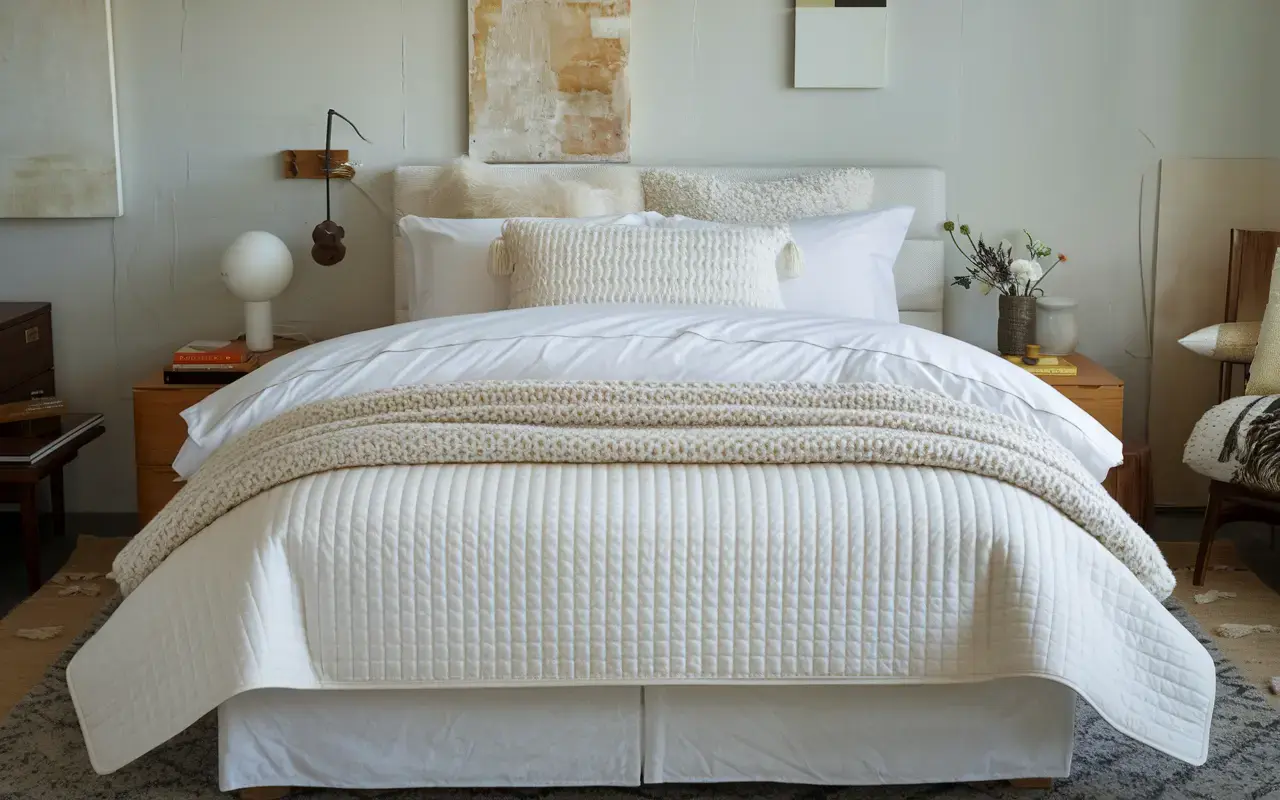  An all-white bed with quilted covers, linen sheets, and cozy pillows