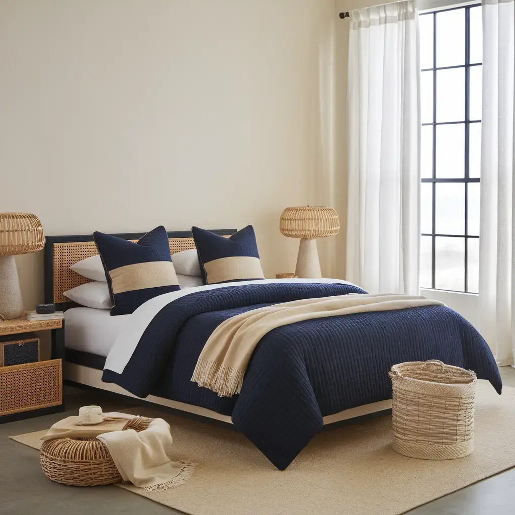 Coastal bedroom featuring deep navy and warm sand bedding