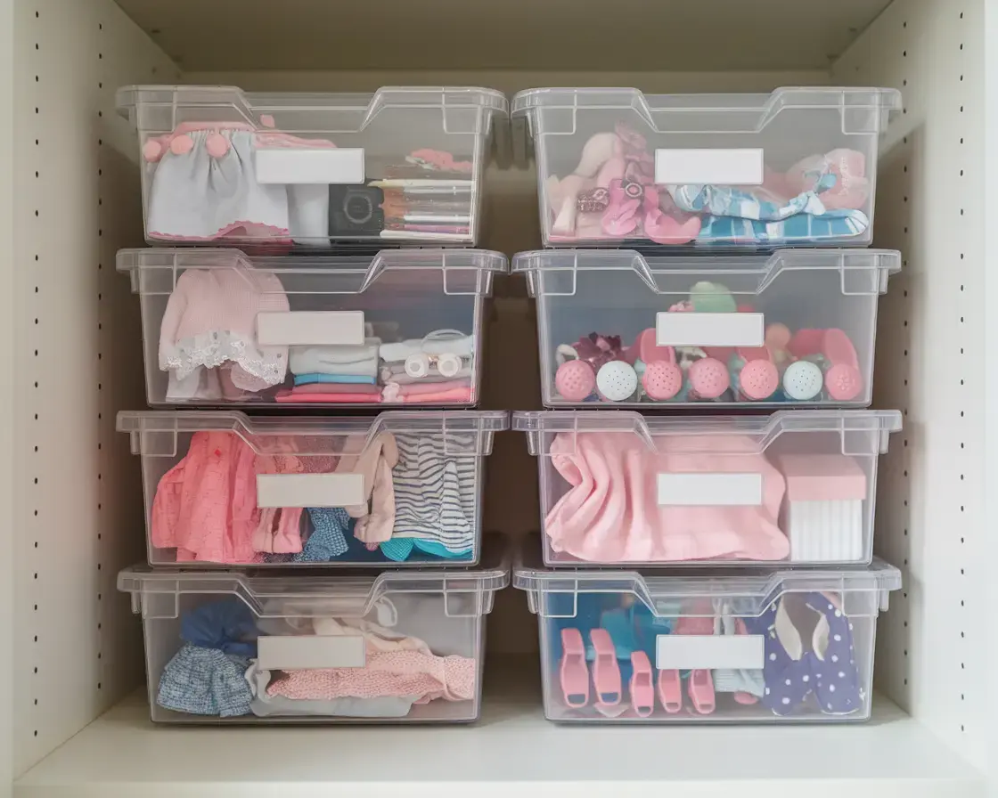 Stackable clear bins designed for organizing and storing dolls