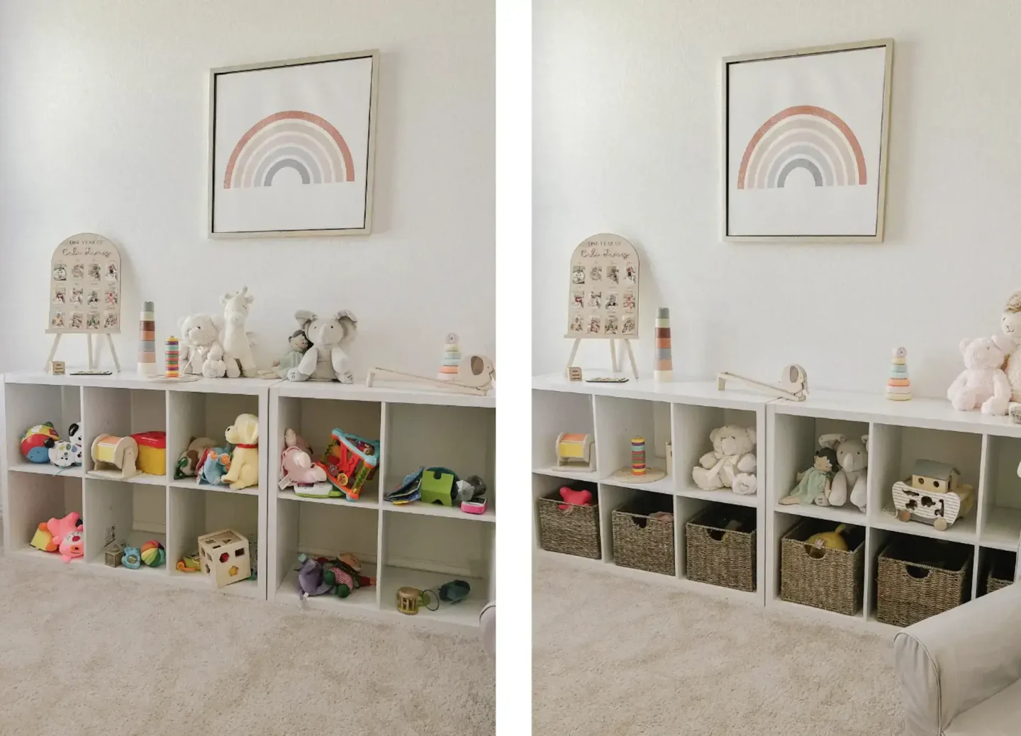  Cube storage unit with colorful bins, displaying a variety of dolls arranged neatly for easy access and organization