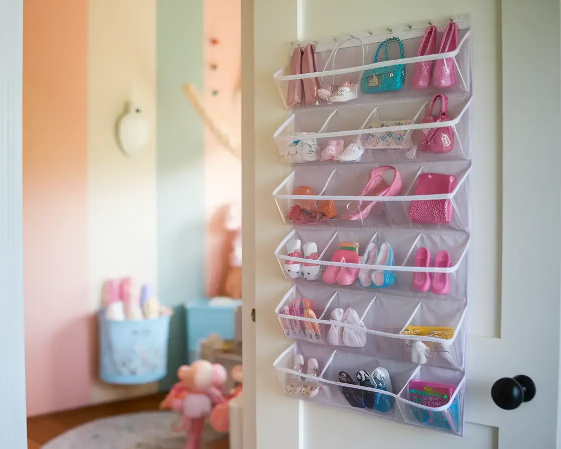 Over-the-door shoe organizer designed for dolls, featuring multiple compartments for storing doll shoes and accessories