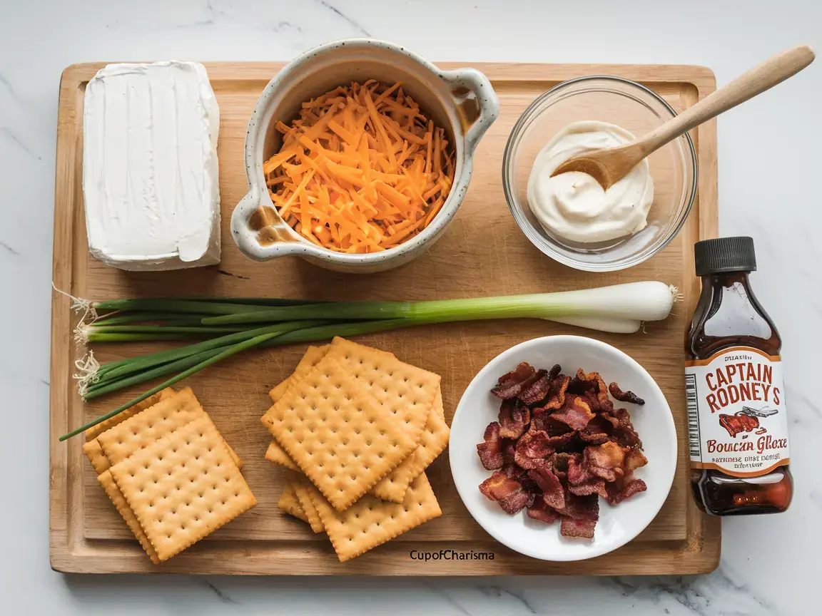 A plate displaying ingredients: cream cheese, cheddar, mayonnaise, green onions, crackers, bacon, and Captain Rodney's Boucan Glaze