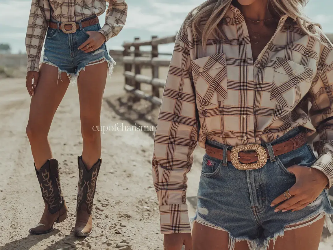A girl in denim shorts, plaid shirt, brown cowgirl boots, and a leather belt, embodying a relaxed country-inspired style
