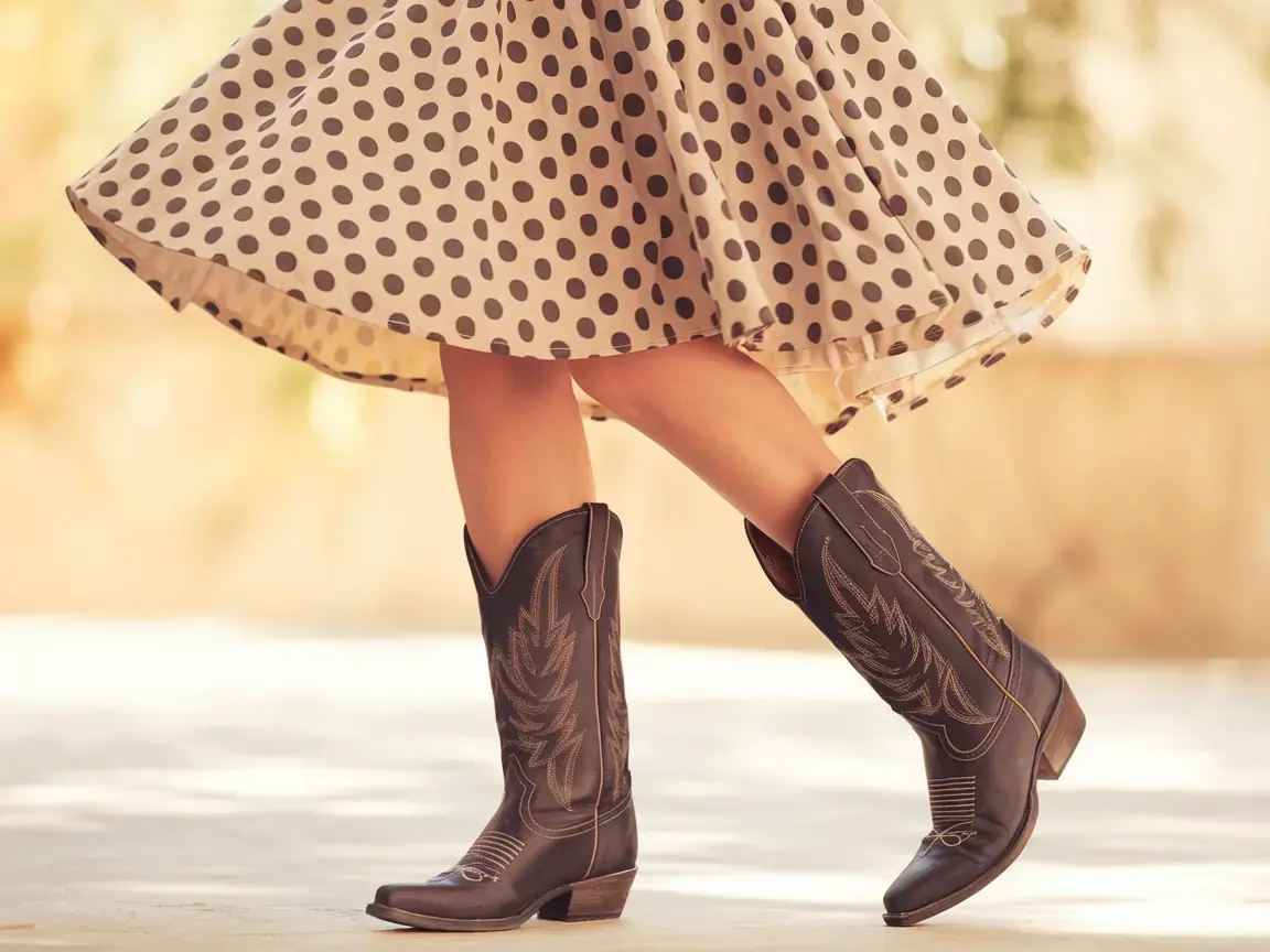 A girl in a polka dot dress and boots,
