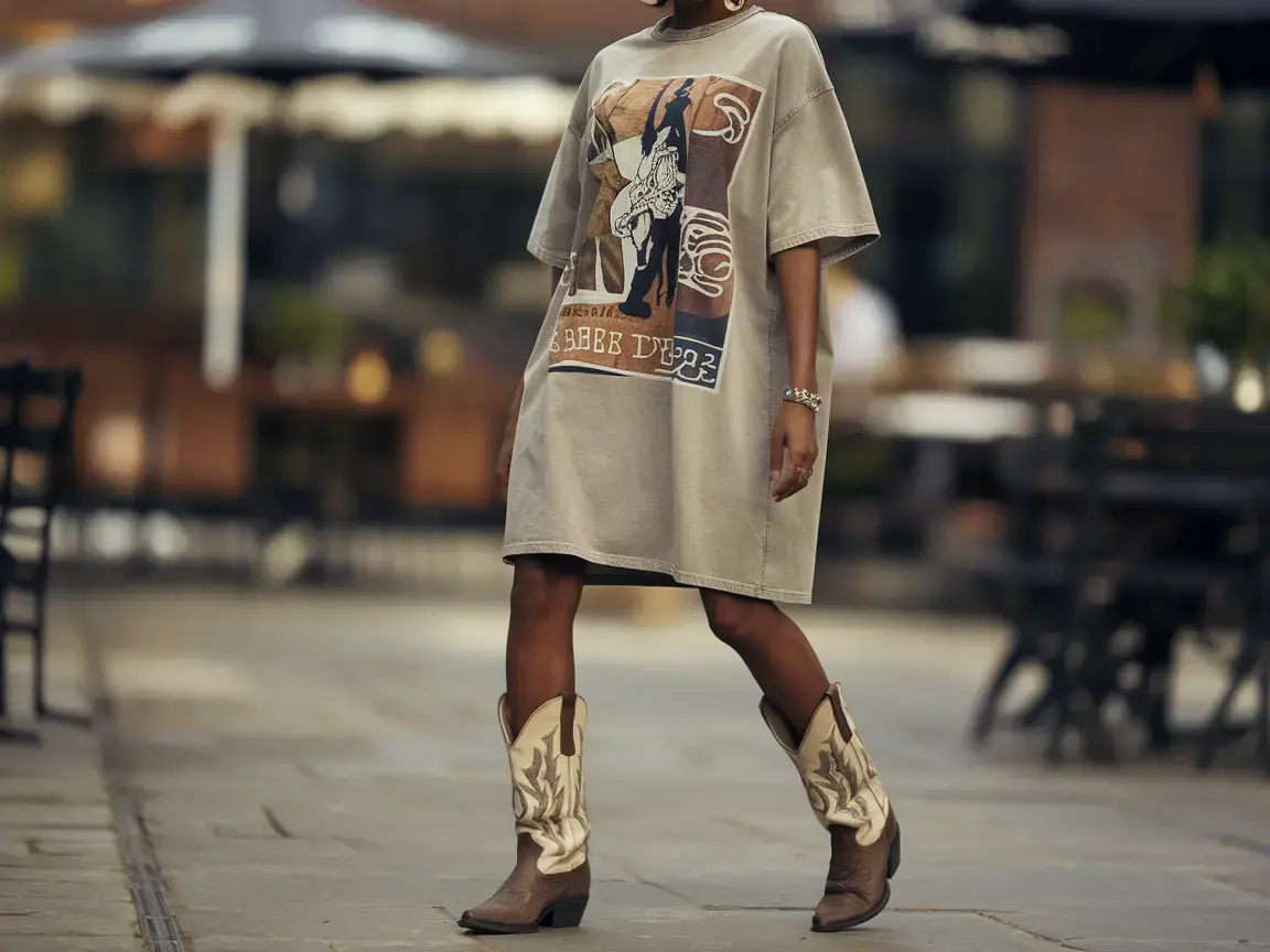 A girl in a T-shirt dress and cowboy boots