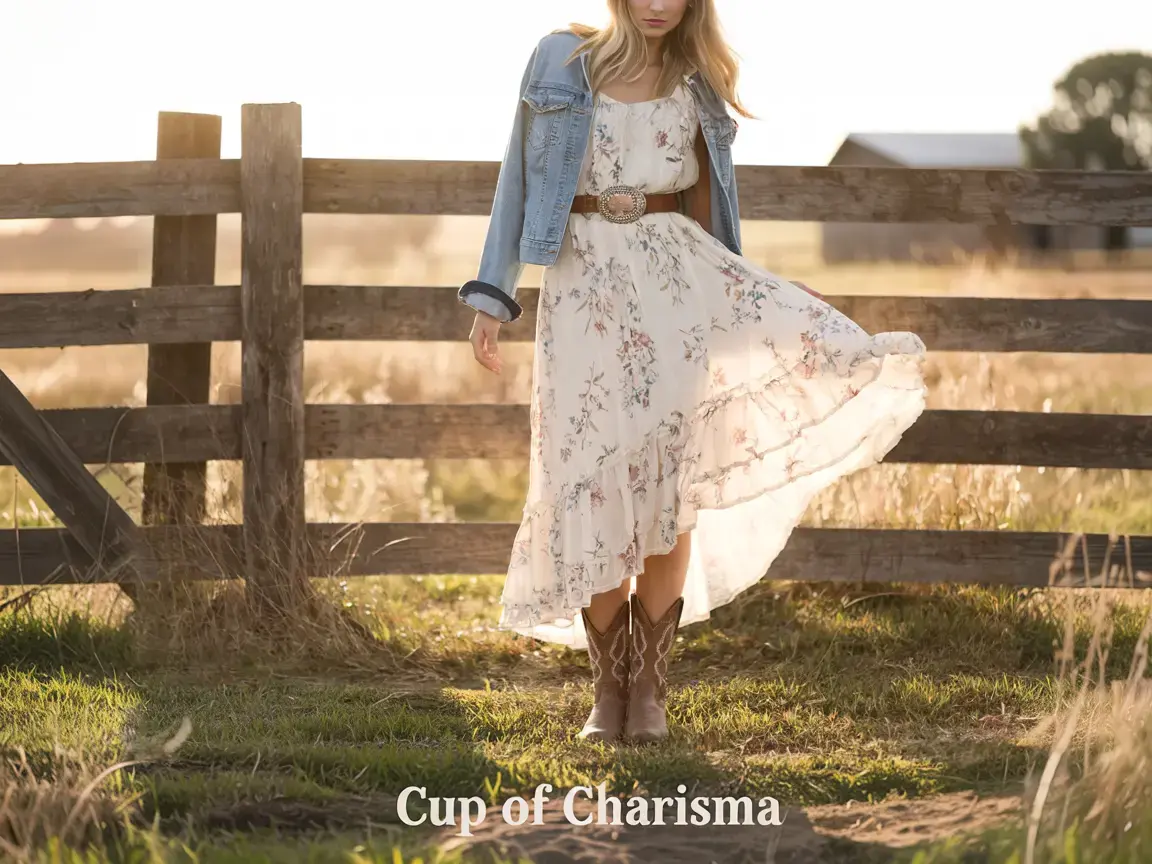 A girl in a flowy sundress and cowboy boots