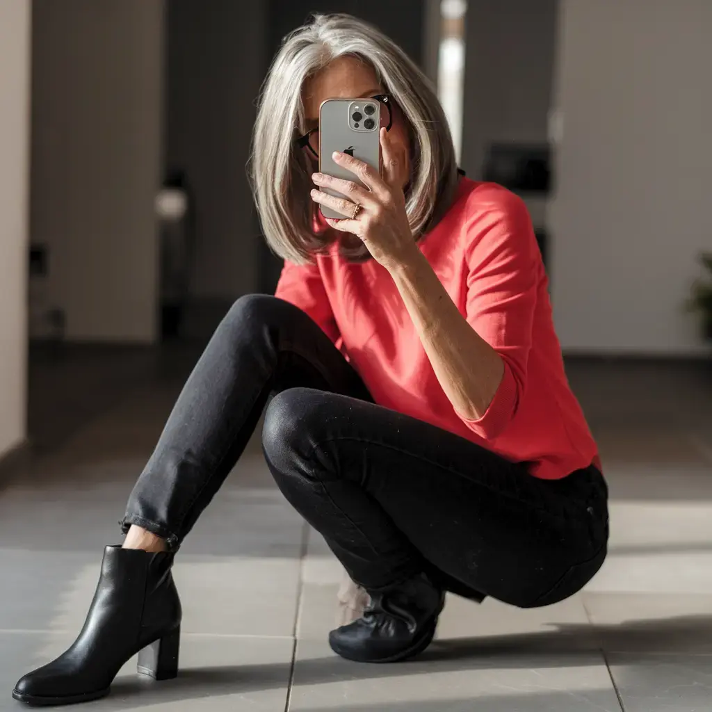 A woman takes a mirror selfie in a sitting pose, showcasing her red top, black jeans, and ankle boots, with her face not visible