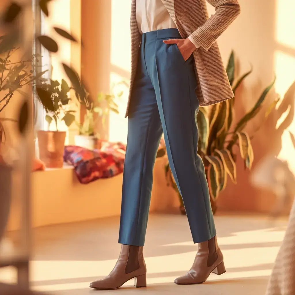 A woman in slim ankle trousers showcases ankle boots, with her half body not visible and one hand in her pocket from a side angle