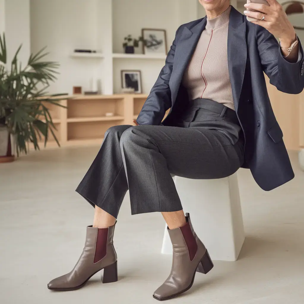 A woman takes a mirror selfie, dressed in cropped trousers, ankle boots, and a structured blazer, with her face not visible