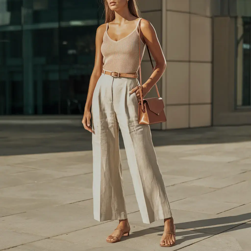 A woman styles wide-leg pants with a fitted tank top and sandals, her face not visible, showcasing a chic summer outfit