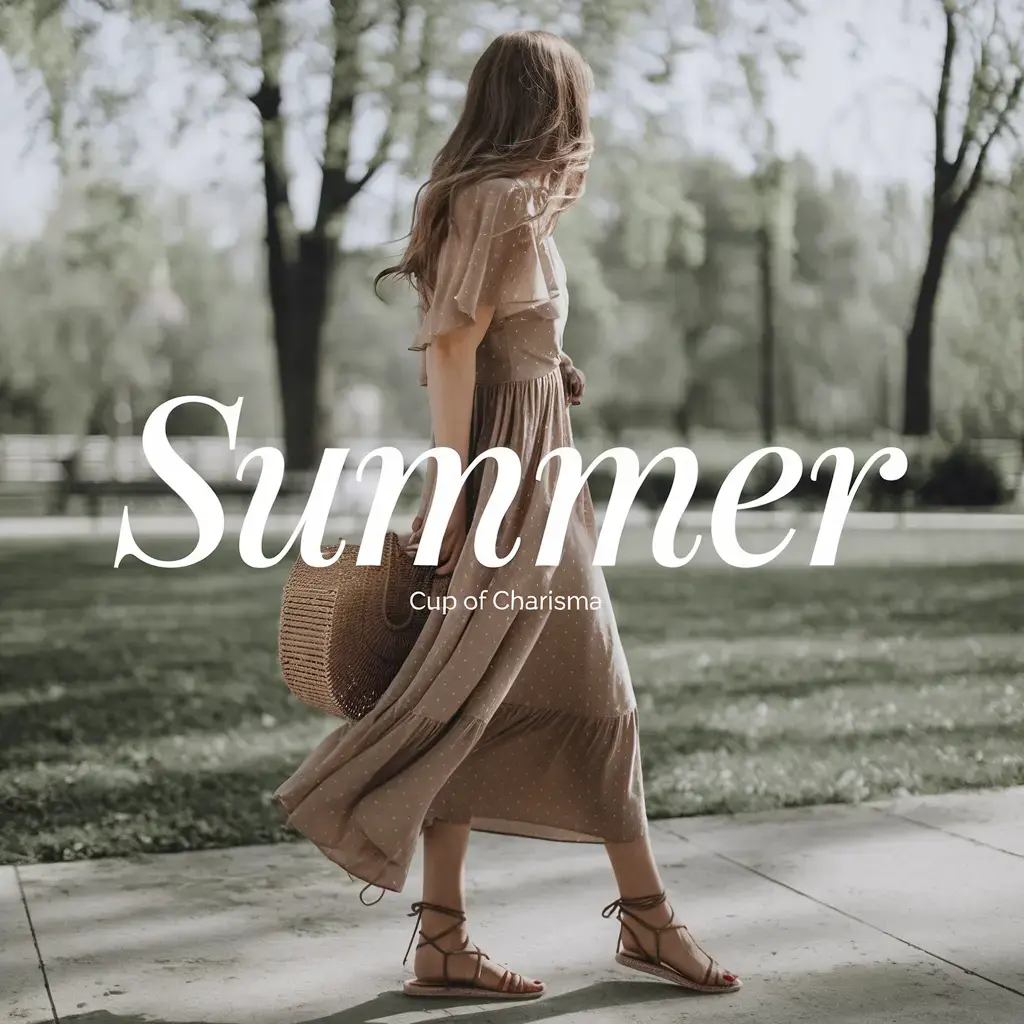 A woman in a casual summer dress stands outdoors, her face not visible, with the word "Summer" overlaid on the image
