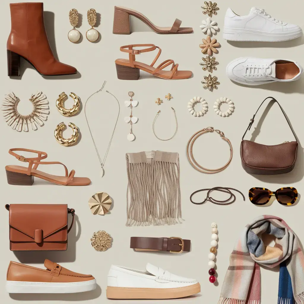 A collection of fashionable shoes and accessories, including purses and necklaces, showcased together on a simple backdrop