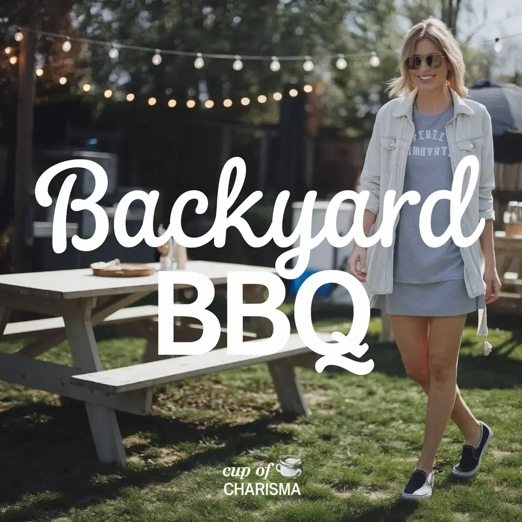 A woman at a backyard BBQ, wearing casual clothes