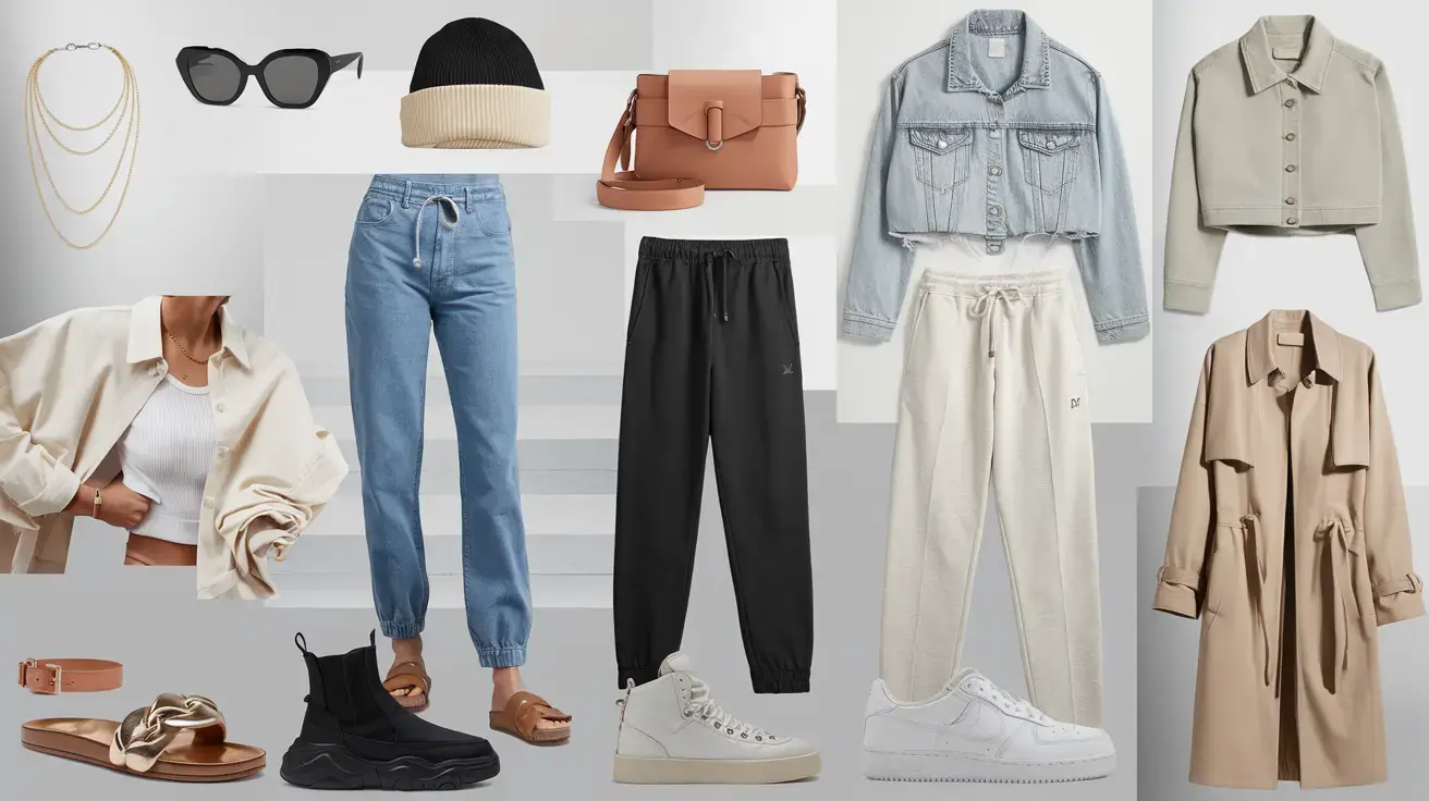 A visual collage of outfits and accessories designed to complement jogger outfits, featuring hats, bags, and layered jewelry