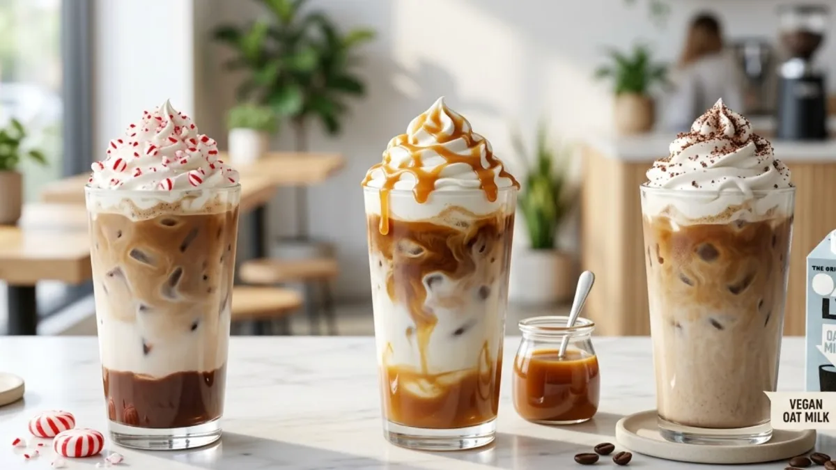Three iced mocha variations including peppermint with candy topping, caramel with drizzle, and a vegan version with oat or coconut milk, served in clear glasses with ice.