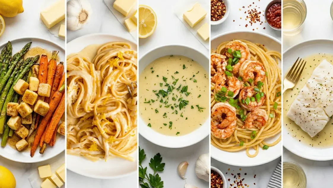 A collage of five lemon butter sauce variations including brown butter, creamy, vegan, spicy with chili flakes, and white wine versions, each served with pasta, vegetables, seafood, or fish in a bright modern kitchen setting.