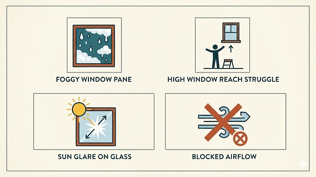 Common window selection mistakes illustrated- foggy glass, unreachable upper floor window, sun glare, and poor airflow.