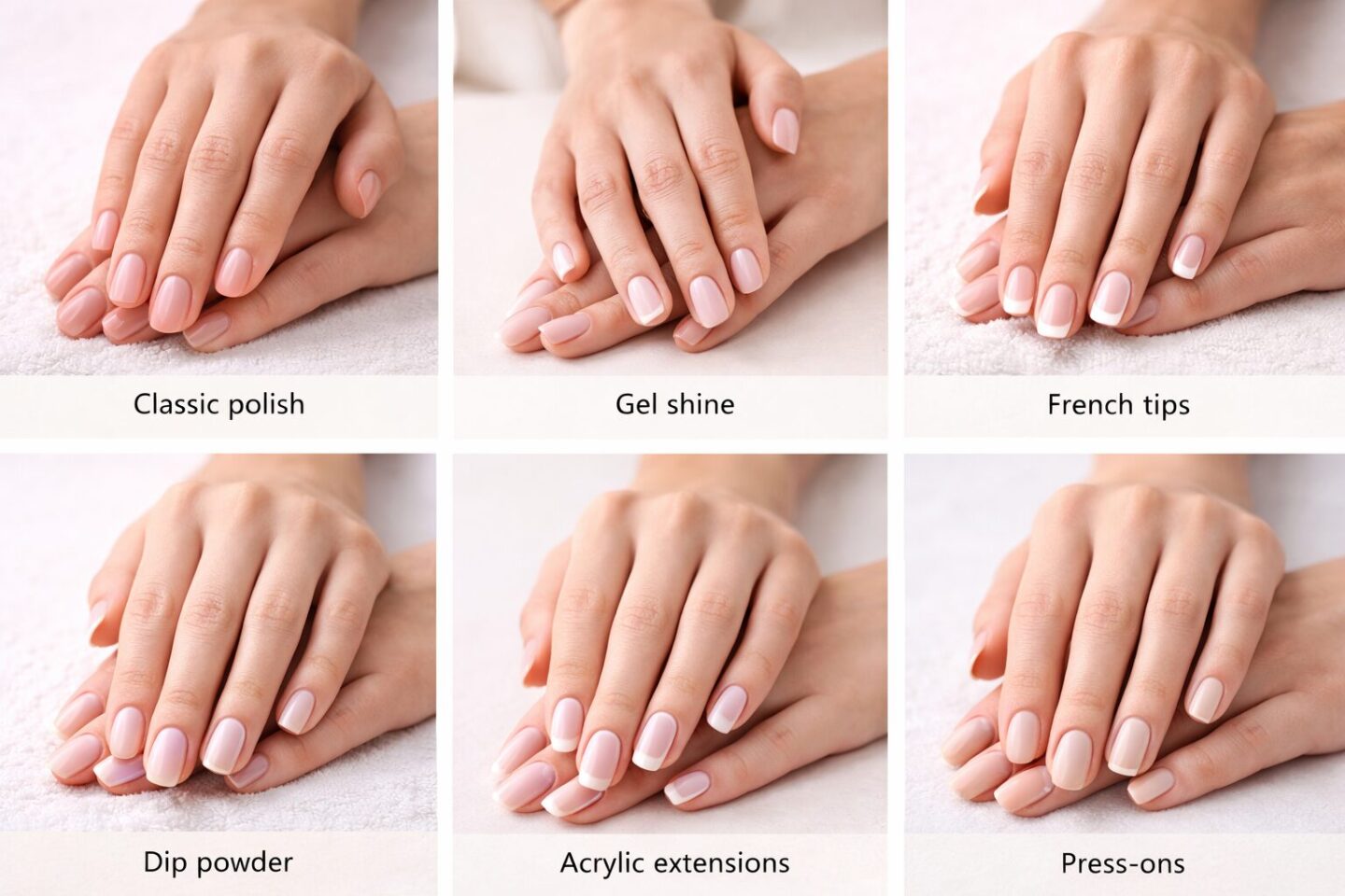 Different manicure finishes and styles side-by-side