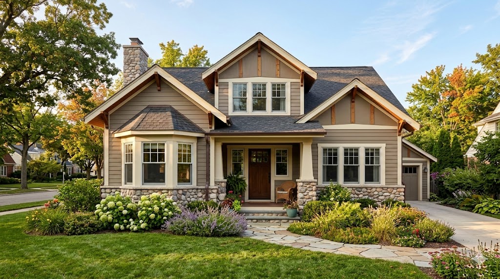 Different types of windows on the exterior of a craftsman-style home, including double-hung, casement, and bay windows.