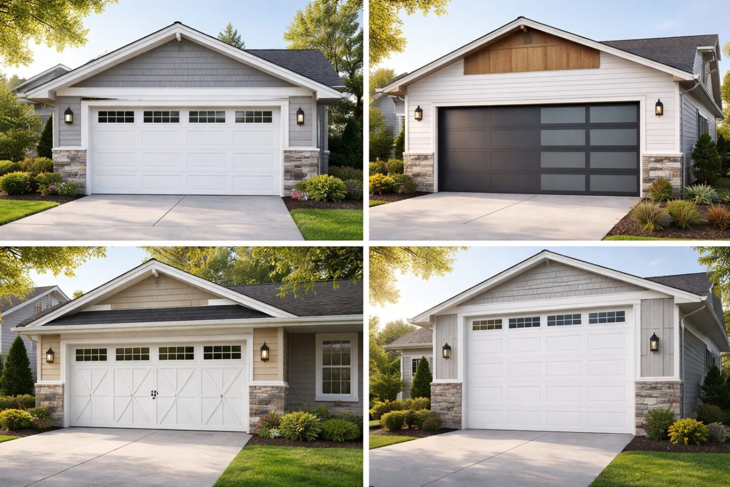 Four residential garage door style and size examples.