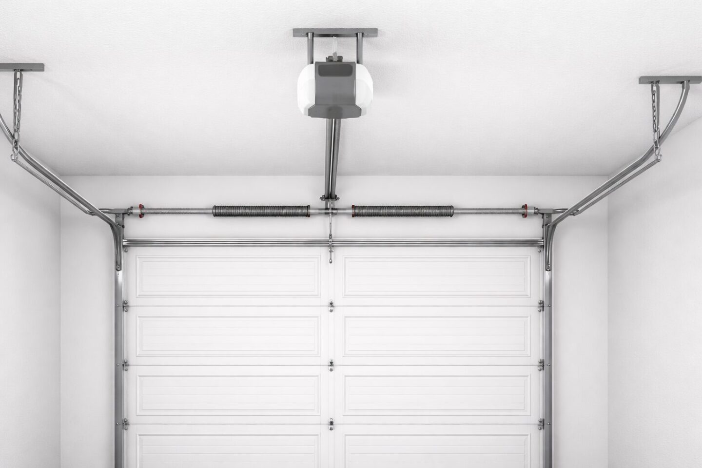 Garage door tracks, spring, and opener clearance above the opening.