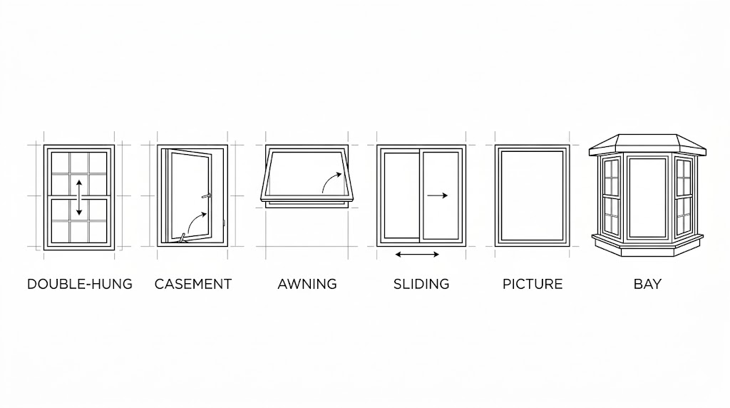Labeled diagram showing different types of windows including double-hung, casement, awning, sliding, picture, and bay.