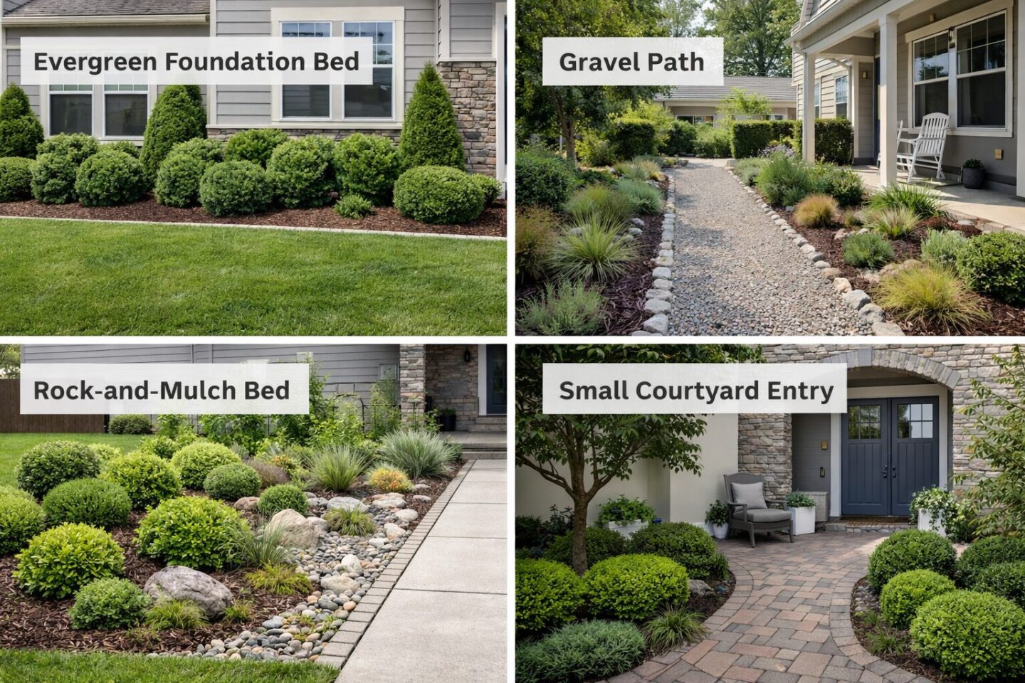 Low maintenance front yard landscaping ideas collage.