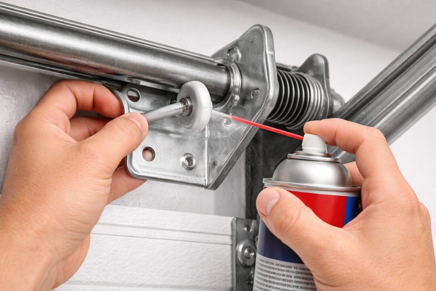 Lubricating a garage door roller as part of routine maintenance.