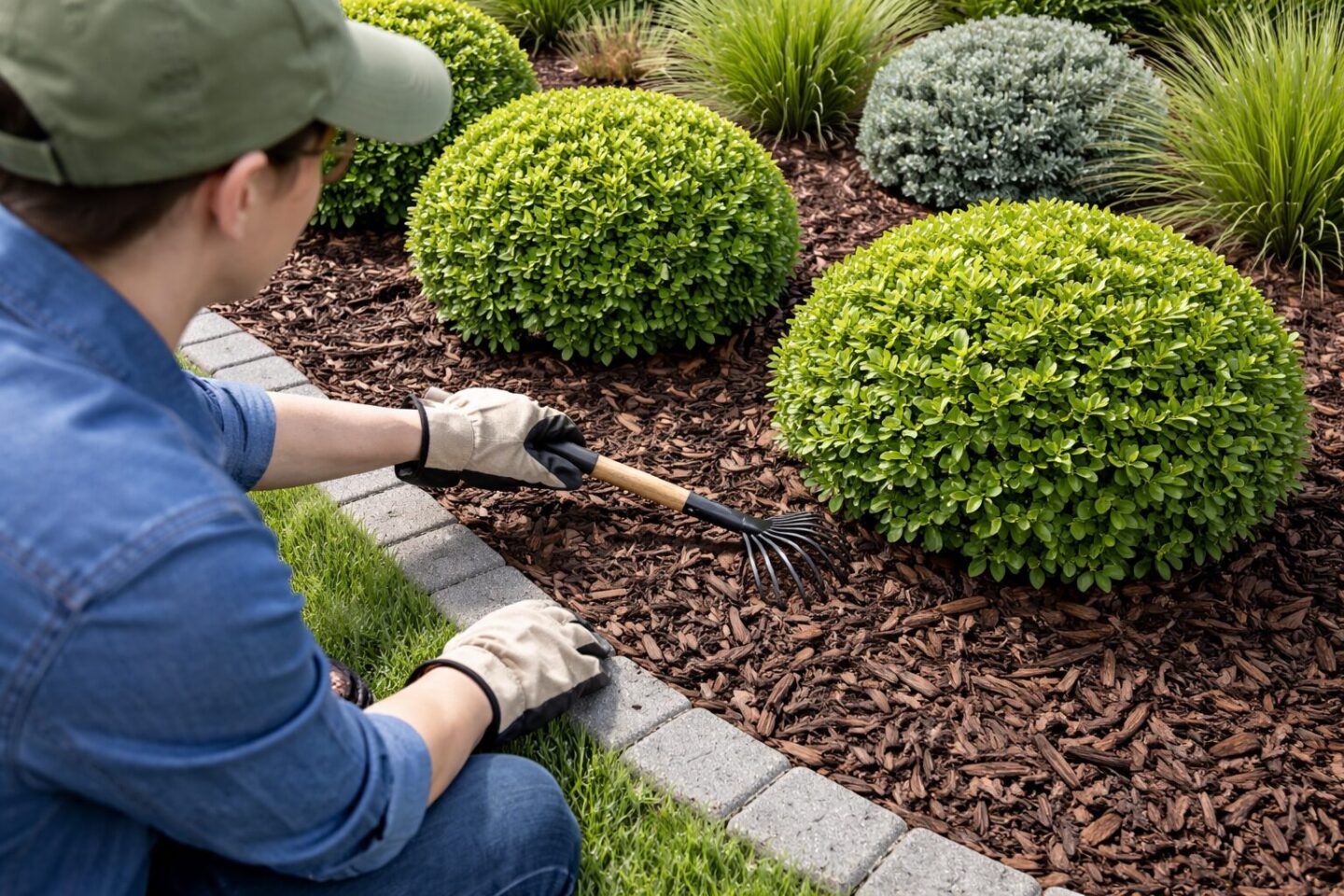 Person from behind using a small rake to tidy mulch around shrubs