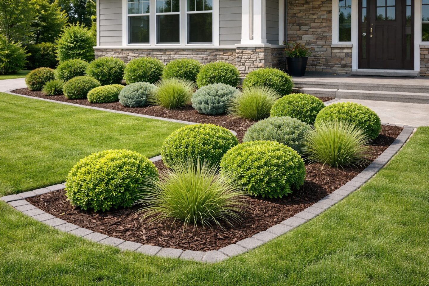 Repeated plants create a tidy low-maintenance front bed