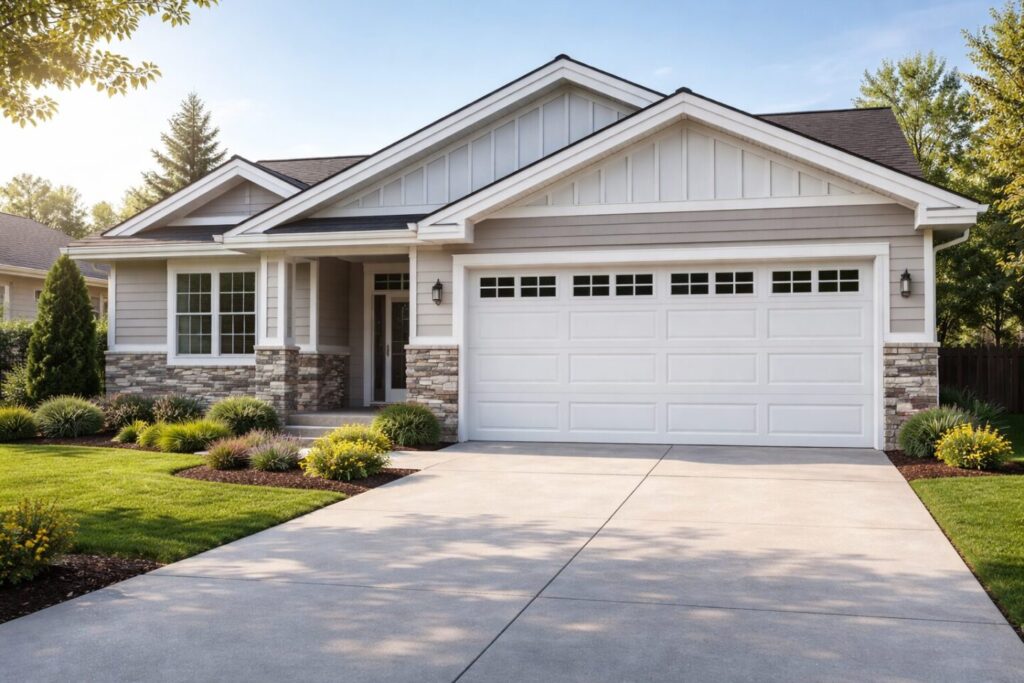 Residential home with a standard two-car garage door in bright daylight.