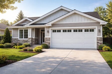 Residential home with a standard two-car garage door in bright daylight.