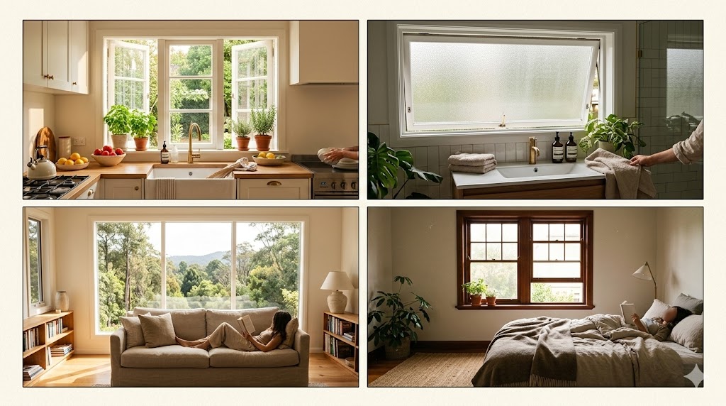 Room-by-room window type guide showing casement in kitchen, awning in bathroom, picture window in living room, and double-hung in bedroom.