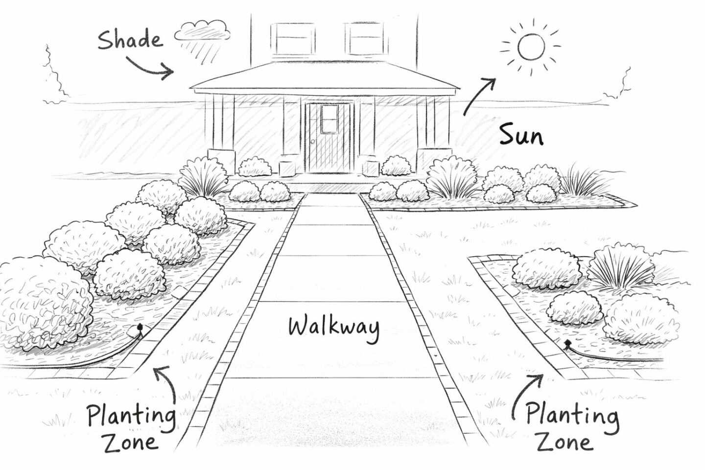 Simple front yard plan sketch with zones