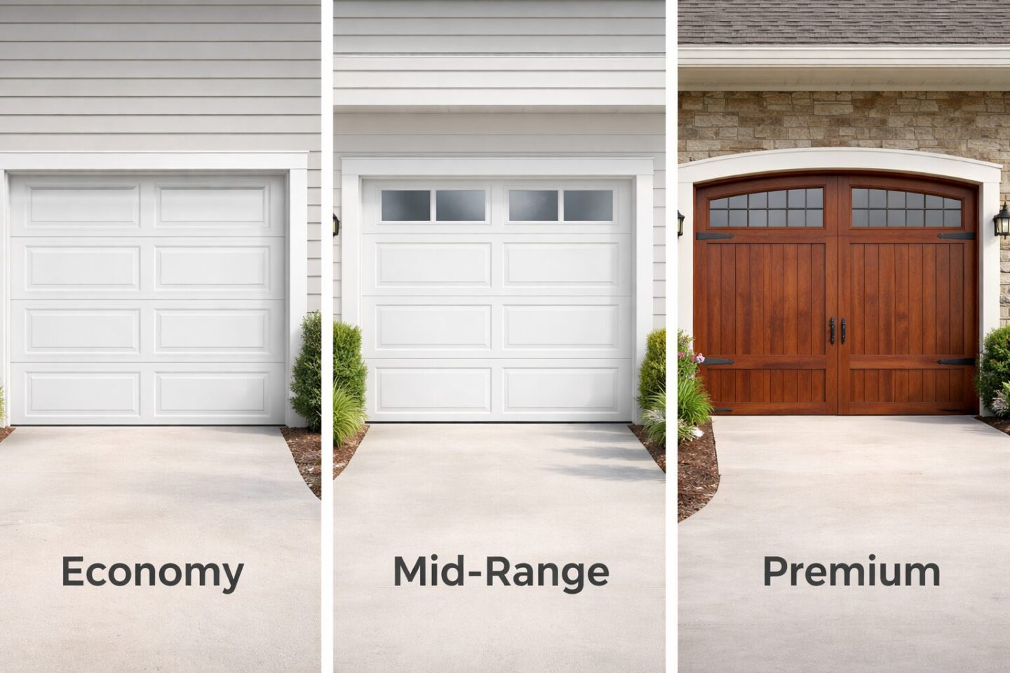 Three garage door budget tiers from economy to premium