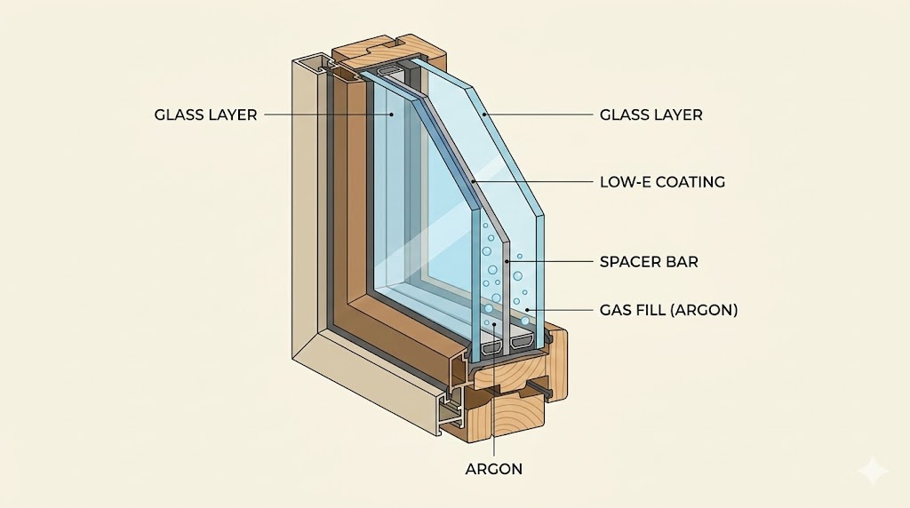 Window glass cross-section diagram showing double-pane construction with Low-E coating, argon gas fill, and spacer bar.