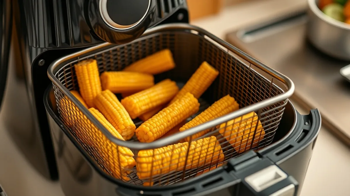 Corn ribs cooking in air fryer basket showing proper single layer