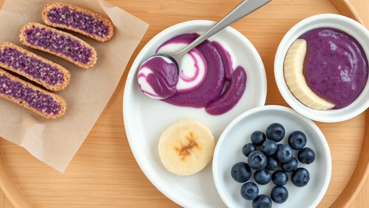 Baby friendly blueberry recipes including oatmeal fingers yogurt and flattened berries