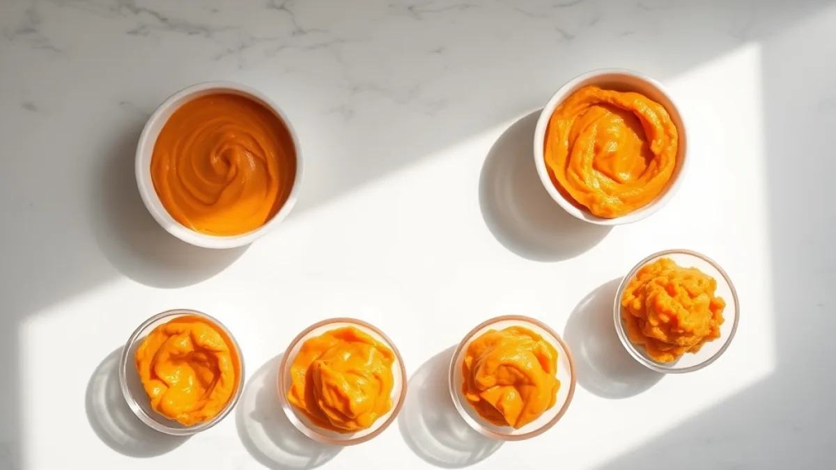 Different carrot puree textures arranged by baby age from smooth to chunky