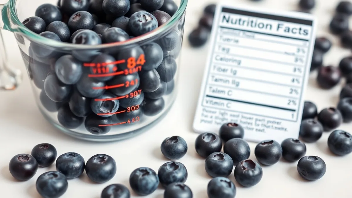 Fresh blueberries with nutrition label showing vitamin C fiber and calorie content